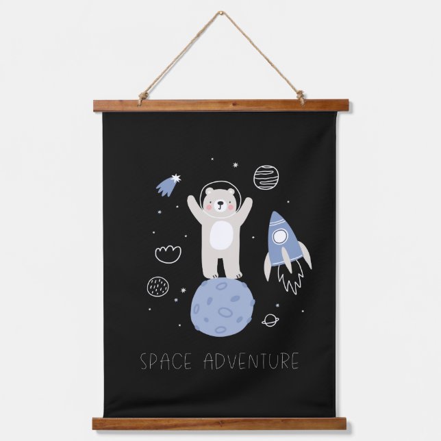Cute Cartoon Bear In Space Hanging Tapestry (Front)