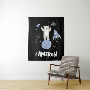 Cute Cartoon Bear In Space Tapestry
