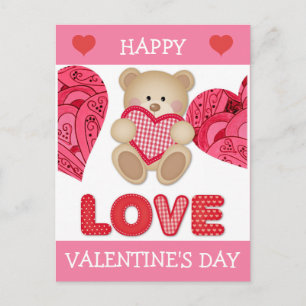 Cute Cartoon Bear Pink Red Hearts Valentine's Day Postcard