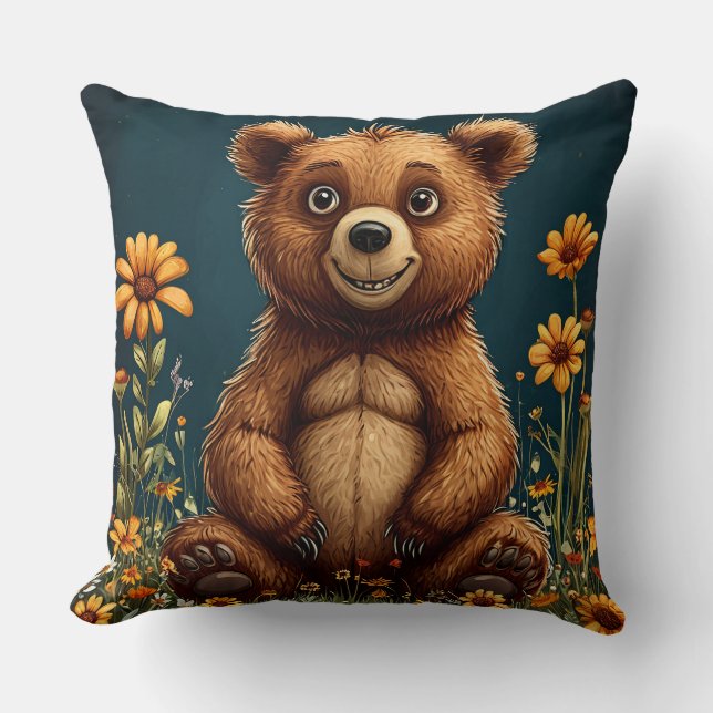 Cute Cartoon Bear Sitting Happily Cushion (Front)