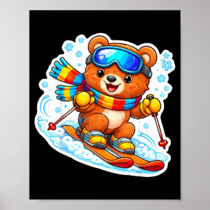 Cute cartoon bear skiing skier ski lover kids boys poster