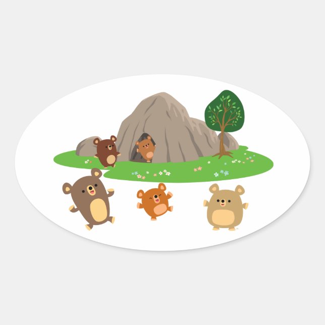 Cute Cartoon Bears in a Cave Oval Sticker (Front)