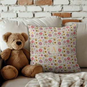Cute cartoon bee coral pink pattern monogram cushion