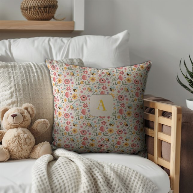 Cute cartoon bee flower blue pattern monogram cushion (Creator Uploaded)