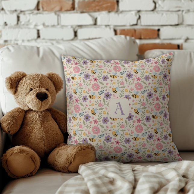 Cute cartoon bee flower pastel pattern monogram cushion (Creator Uploaded)