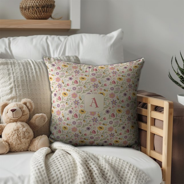 Cute cartoon bee flower pink pattern monogram cushion (Creator Uploaded)