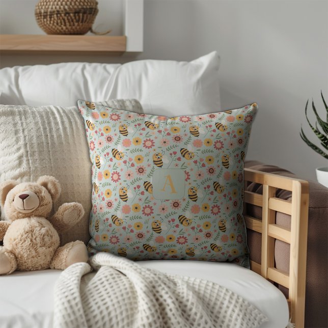 Cute cartoon bee flower yellow pattern monogram cushion (Creator Uploaded)