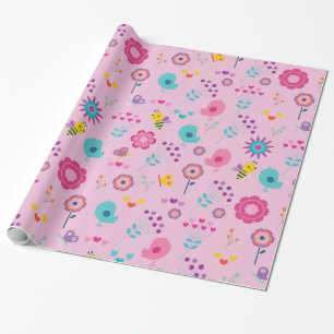 Cute Cartoon Bees and Birds Wrapping Paper