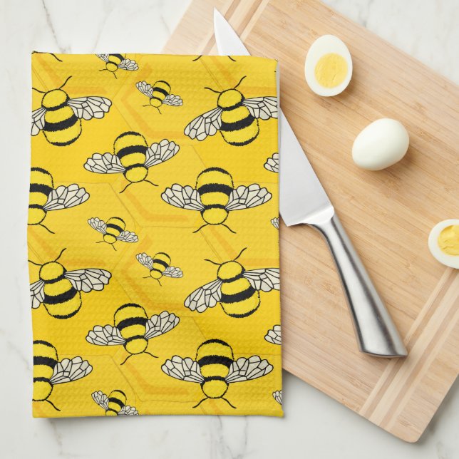 Cute Cartoon Bees in a Beehive Yellow Tea Towel (Quarter Fold)