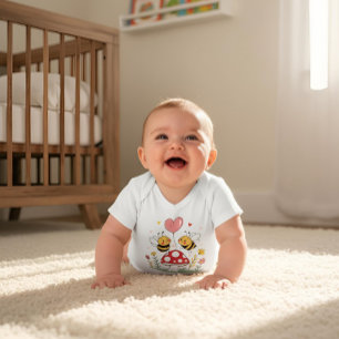 Cute Cartoon Bees with Heart Balloon on Mushroom Baby Bodysuit