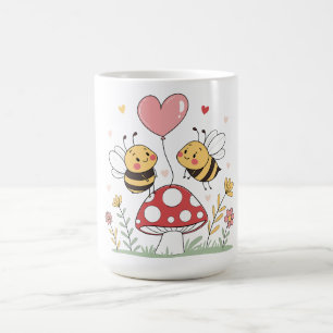 Cute Cartoon Bees with Heart Balloon on Mushroom Coffee Mug