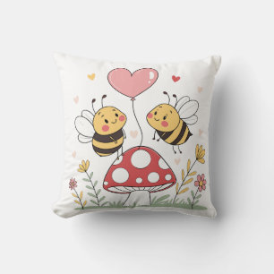 Cute Cartoon Bees with Heart Balloon on Mushroom Cushion