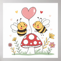 Cute Cartoon Bees with Heart Balloon on Mushroom