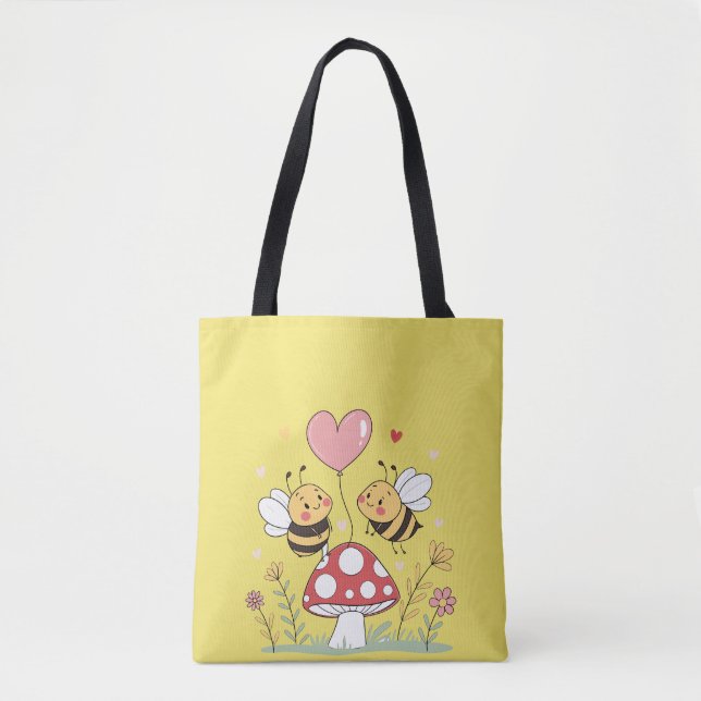 Cute Cartoon Bees with Heart Balloon on Mushroom Tote Bag (Front)