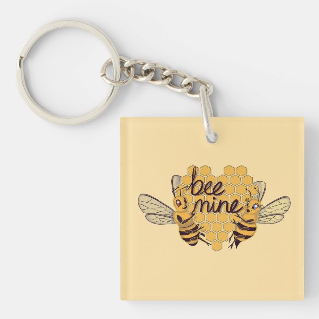 Cute Cartoon Bees with Hexagonal Honeycomb Heart a Key Ring (Front)