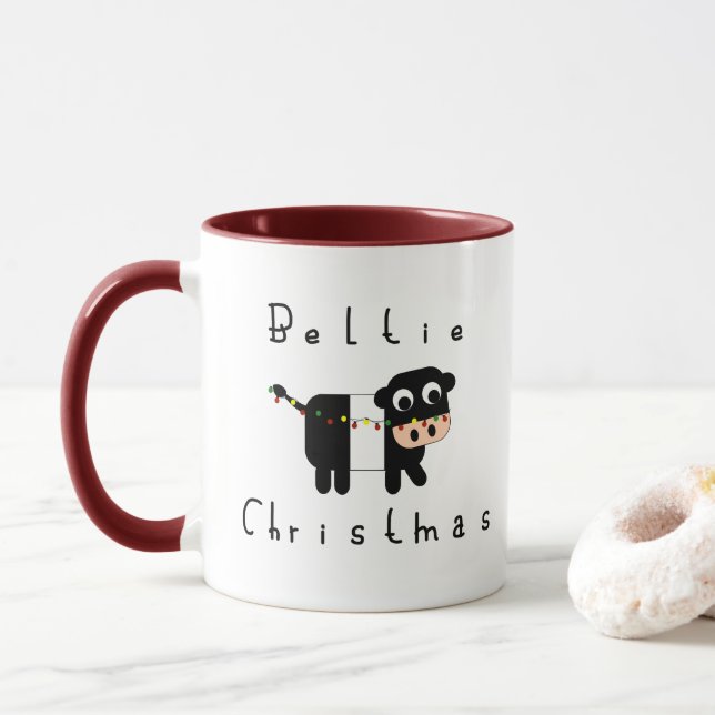 Cute Cartoon Beltie Christmas Belted Galloway Cow Mug (With Donut)