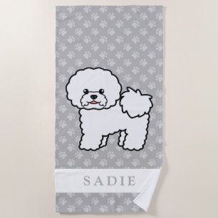 Cute Cartoon Bichon Frise Dog & Custom Name Grey Beach Towel