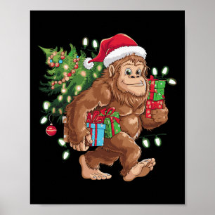 Cute Cartoon Bigfoot Christmas Tree Lights Sasquat Poster