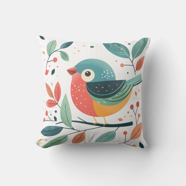 Cute Cartoon Bird with Leaves and Berries Cushion (Front)