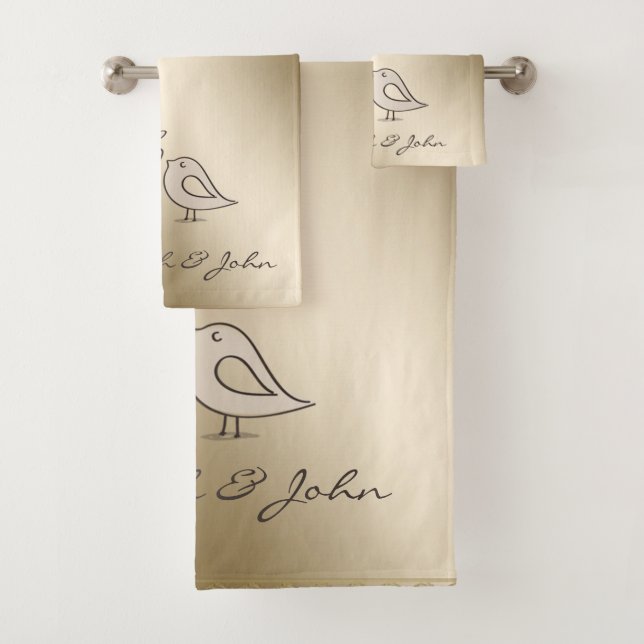 Cute Cartoon Birds In Love -Personalised Bath Towel Set (Insitu)