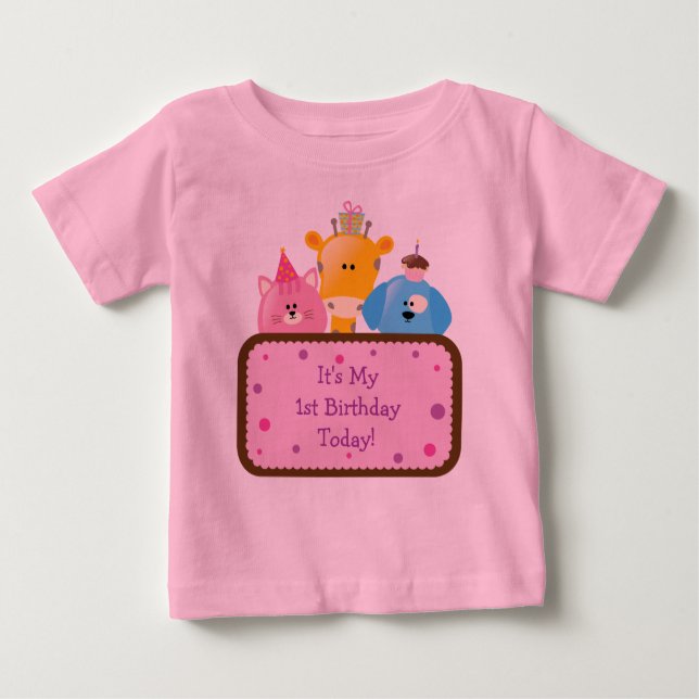 Cute Cartoon Birthday Animals Customisable Pink Baby T-Shirt (Front)