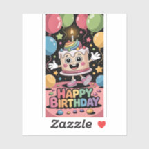 Cute Cartoon Birthday Cake with Rainbow Balloons