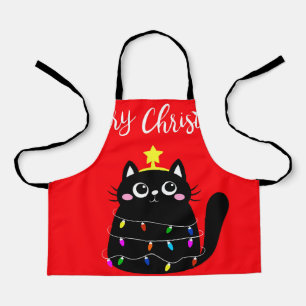 Cute cartoon black cat Christmas tree Apron