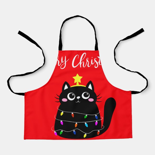 Cute cartoon black cat Christmas tree Apron (Front)