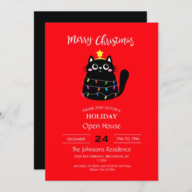 Cute cartoon black cat Christmas tree         Invitation (Front/Back)