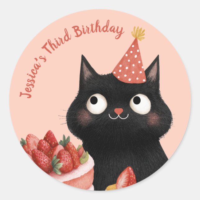 Cute Cartoon Black Cat Kids’ Purr-fect Birthday Classic Round Sticker (Front)
