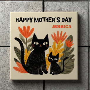 Cute Cartoon Black Cats Floral Happy Mother's Day Ceramic Tile