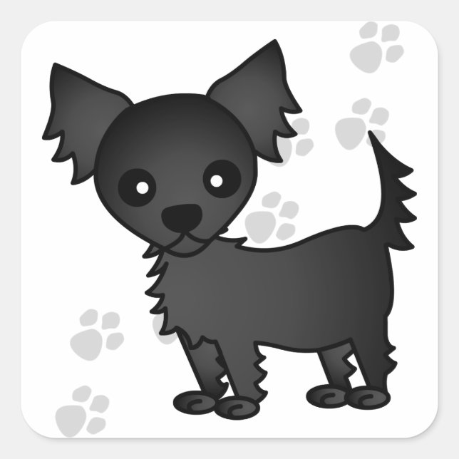 Cute Cartoon Black Long-haired Chihuahua Square Sticker (Front)