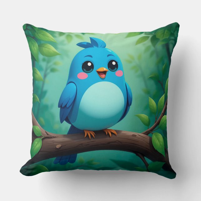 Cute Cartoon Blue Bird for Kids & Cosy Decor Cushion (Front)