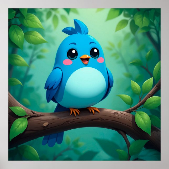 Cute Cartoon Blue Bird Poster (Front)