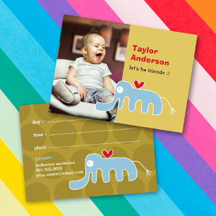 Cute Cartoon Blue Elephant Photo Kid's Play Date Calling Card
