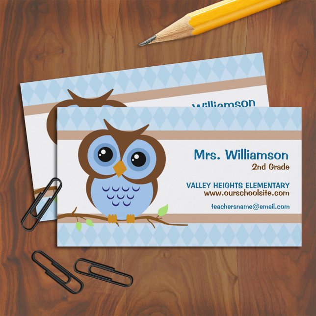 Cute Cartoon Blue Owl Teacher Contact Business Card (Creator Uploaded)