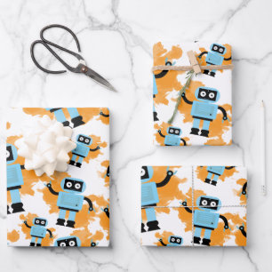 Cute Cartoon Blue Robot Orange Watercolor Splash Wrapping Paper Sheet