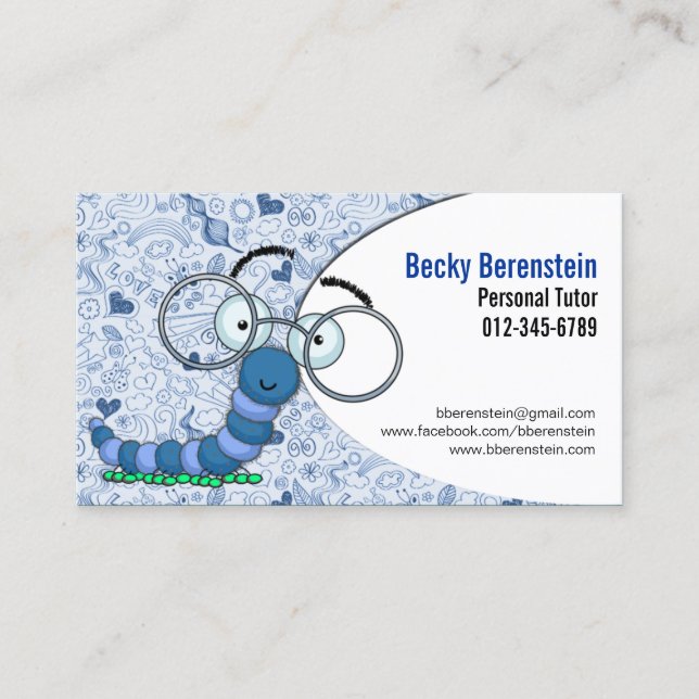 Cute Cartoon Bookworm Tutor Blue Business Card (Front)
