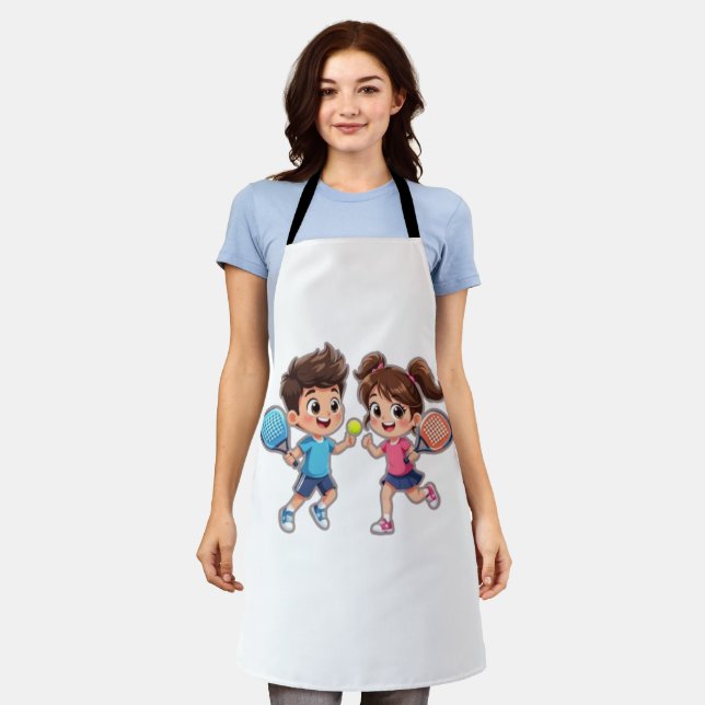 Cute Cartoon Boy and Girl Playing Padel Tennis – F Apron (Worn)