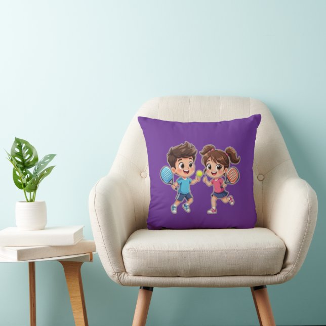 Cute Cartoon Boy and Girl Playing Padel Tennis – F Cushion (Chair)