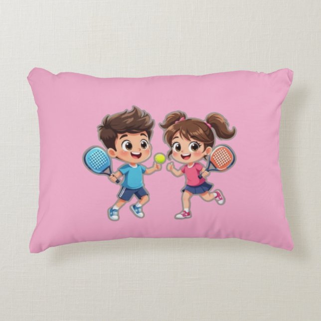 Cute Cartoon Boy and Girl Playing Padel Tennis – F Decorative Cushion (Front)