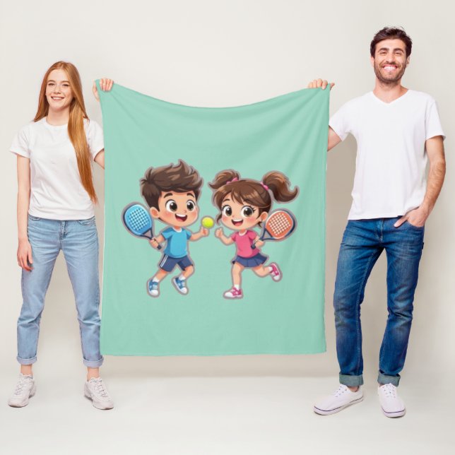Cute Cartoon Boy and Girl Playing Padel Tennis – F Fleece Blanket (In Situ)