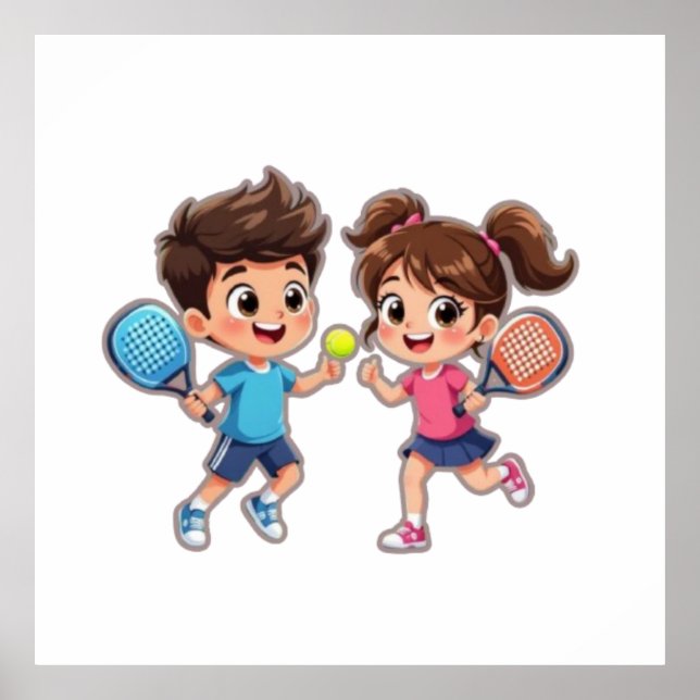 Cute Cartoon Boy and Girl Playing Padel Tennis – F Poster (Front)