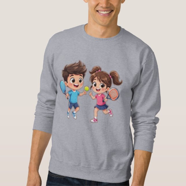 Cute Cartoon Boy and Girl Playing Padel Tennis – F Sweatshirt (Front)