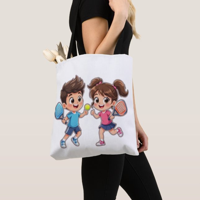 Cute Cartoon Boy and Girl Playing Padel Tennis – F Tote Bag (Close Up)