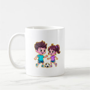 **Cute Cartoon Boy and Girl Playing Soccer Togethe Coffee Mug
