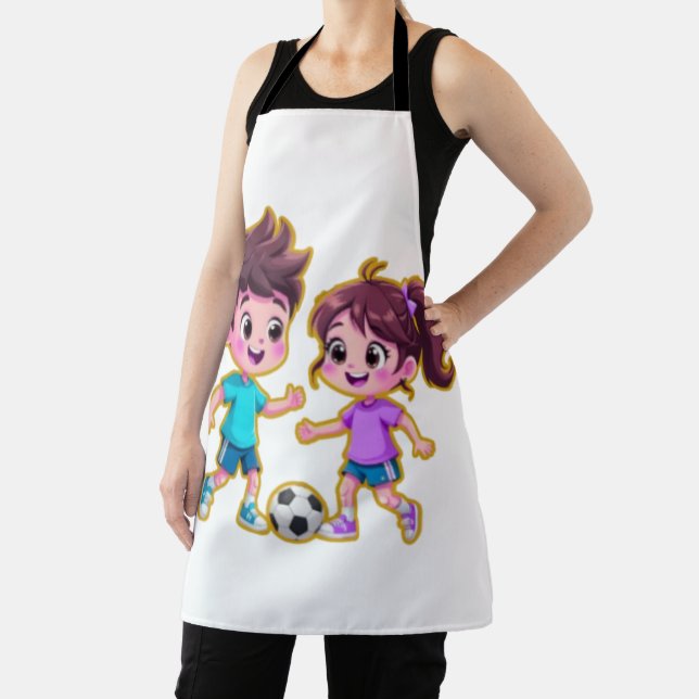 Cute Cartoon Boy and Girl Playing Soccer Together  Apron (Insitu)