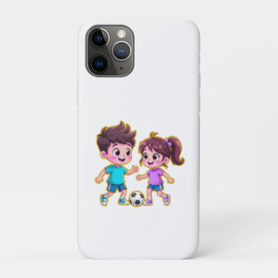 Cute Cartoon Boy and Girl Playing Soccer Together iPhone 11 Pro Case