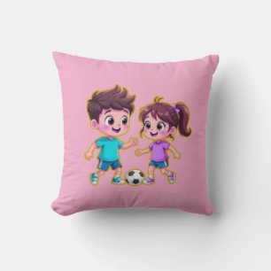 Cute Cartoon Boy and Girl Playing Soccer Together  Cushion