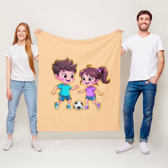 Cute Cartoon Boy and Girl Playing Soccer Together  Fleece Blanket (In Situ)